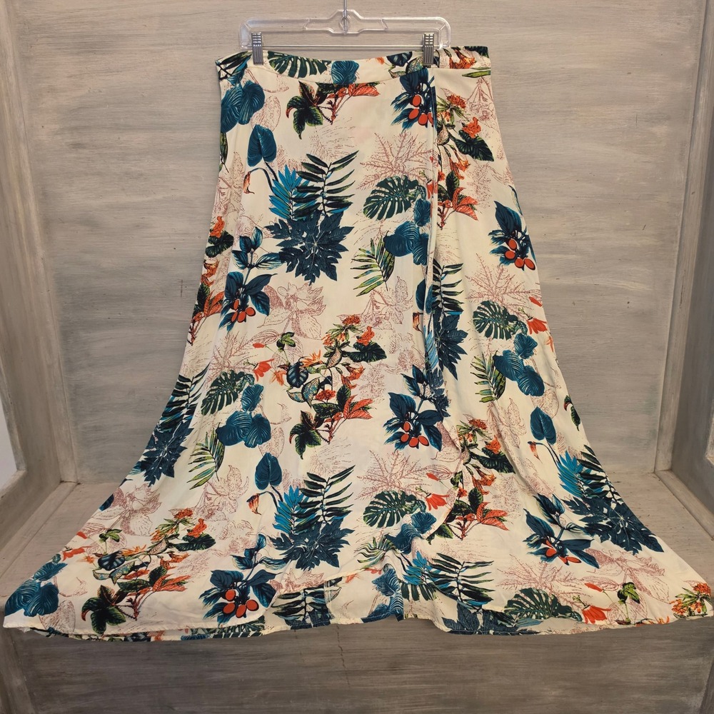 SHEIN Curve Vibrant Colorful Tropical Print Hi/Lo Faux Wrap Maxi Skirt 2XL GC